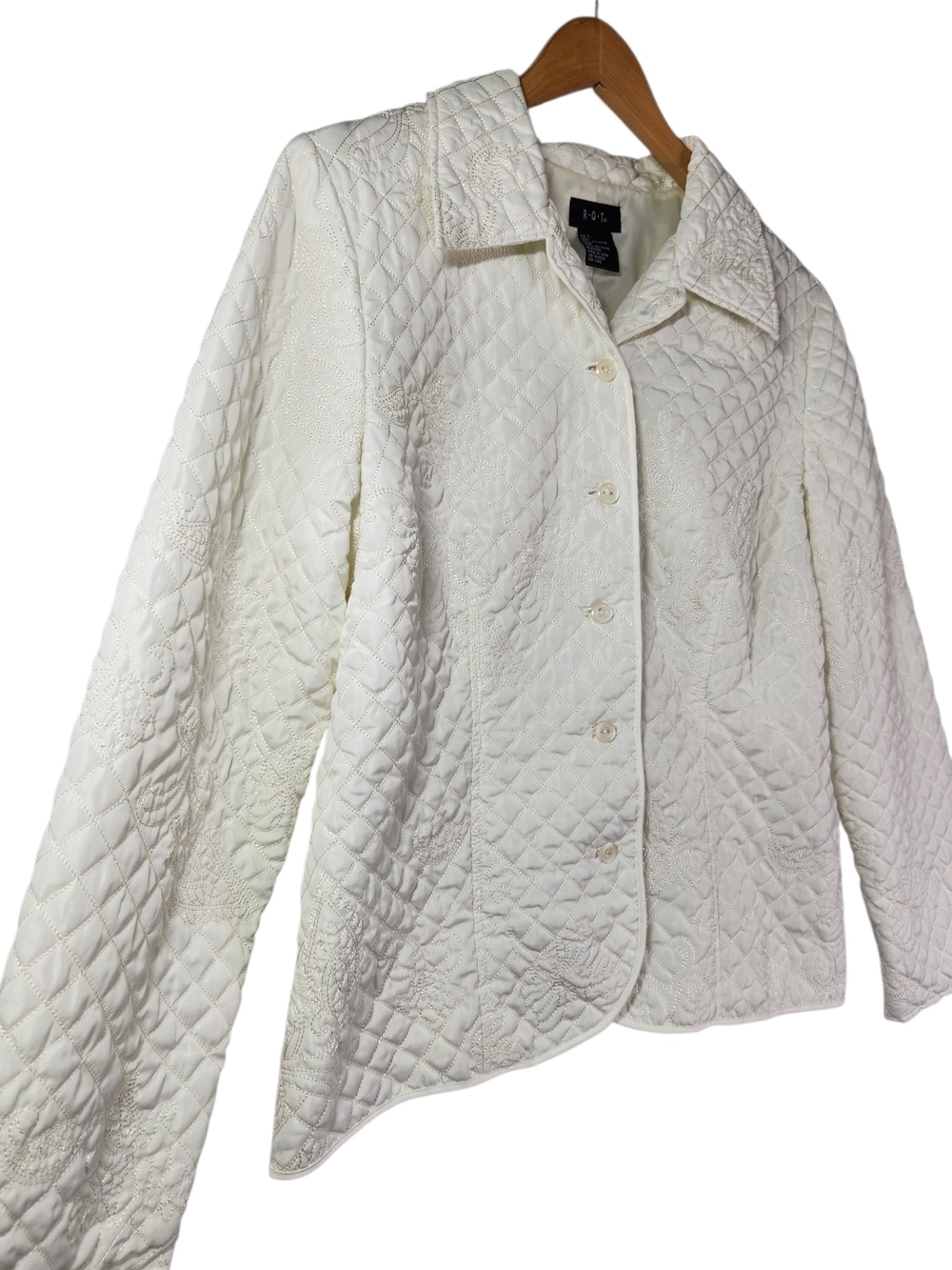 R.Q.T Women's Quilted Embroidered Jacket Ivory Floral Button Front Lined Size L - Picture 4 of 16
